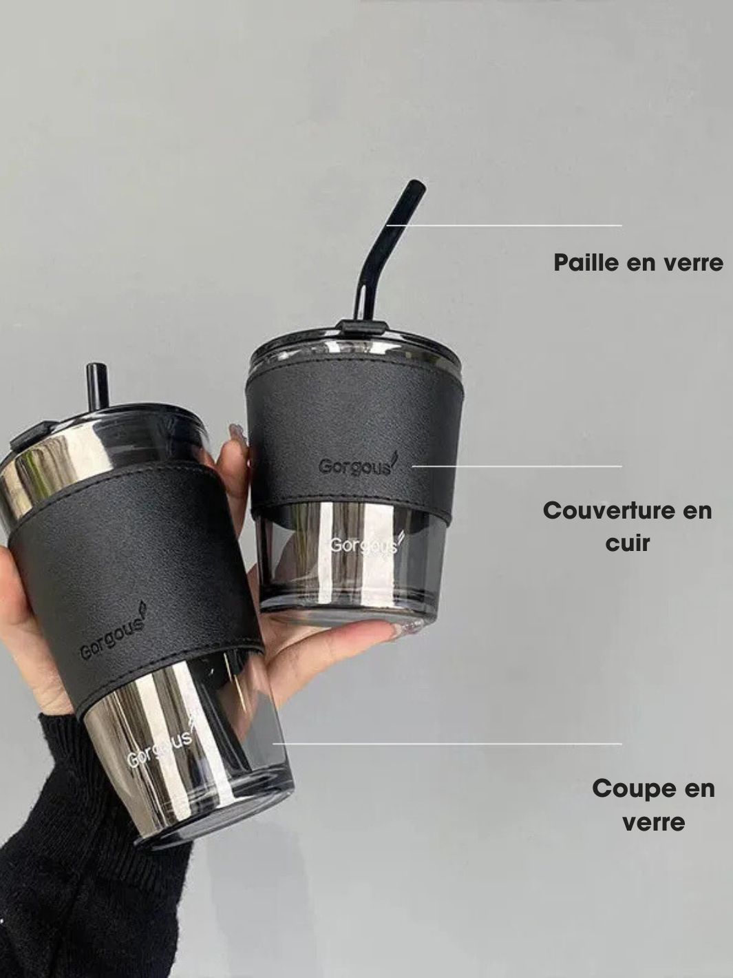 Gourde en verre avec paille style tasse à café