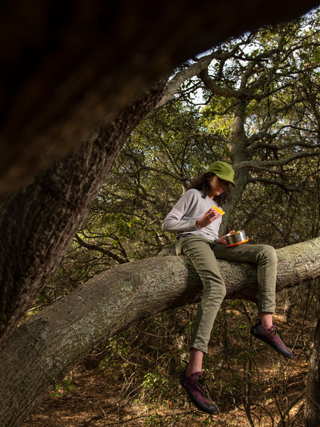 Personne assise sur une branche d'arbre dans une forêt, tenant une lunch box en acier inoxydable