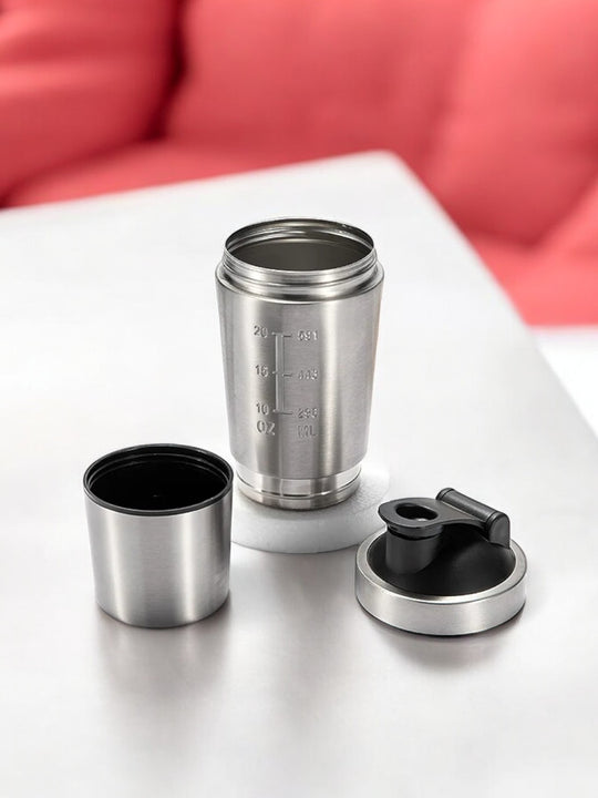 Gourde sport shaker en inox avec double compartiment